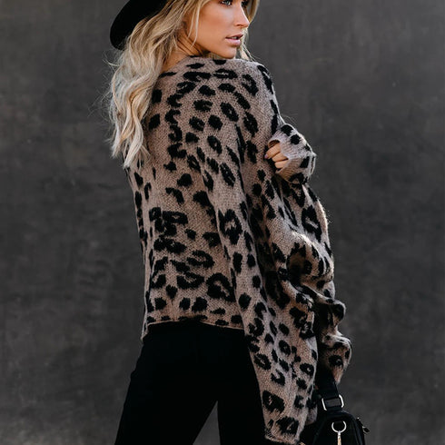 Cardigan aperto frontale manica lunga con doppia tasca stampa leopardata
