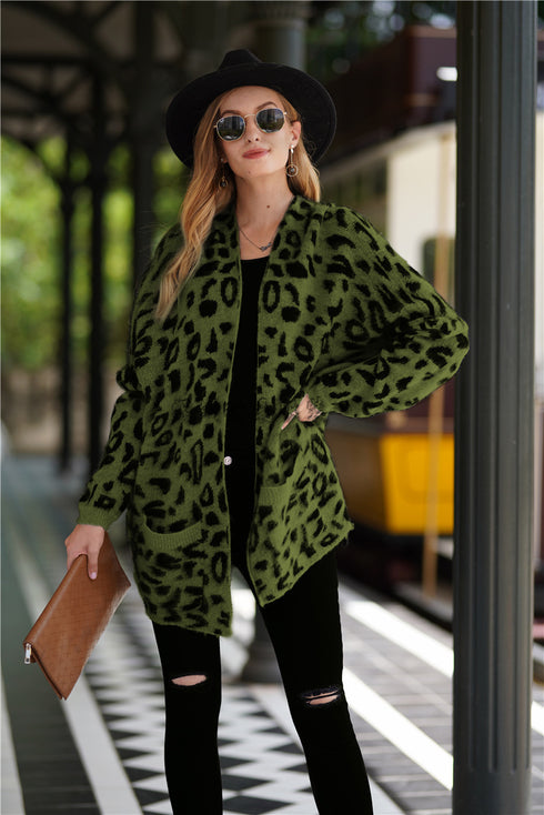 Cardigan aperto frontale manica lunga con doppia tasca stampa leopardata