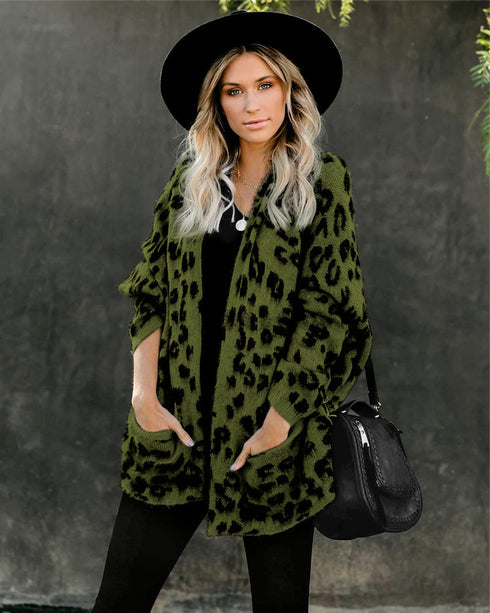 Cardigan aperto frontale manica lunga con doppia tasca stampa leopardata