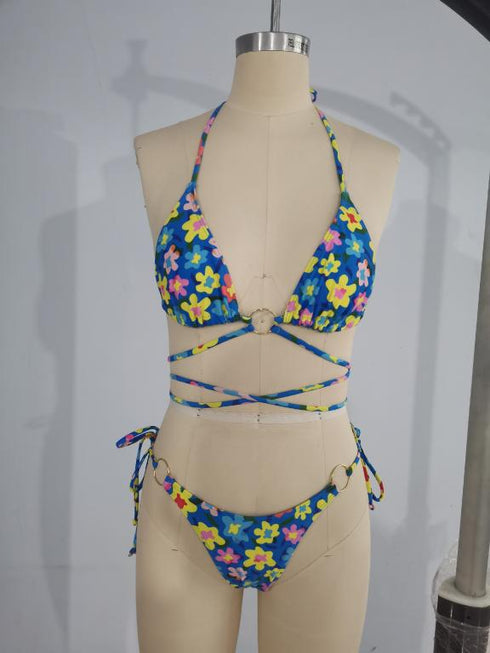 Costume Da Bagno Bikini Triangolo Stampa Floreale Stringato